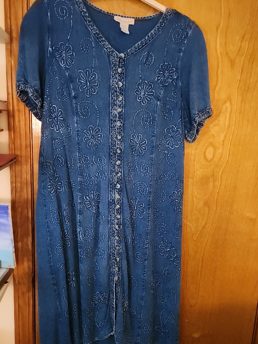 Blue Embroidered Button-Front Maxi Dress